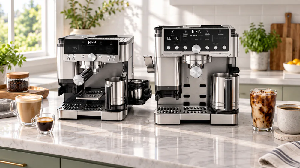 The Ninja Luxe Café Premier and Pro placed side by side on a kitchen counter, showing the Pro's extra hot water spout and tamp lever.