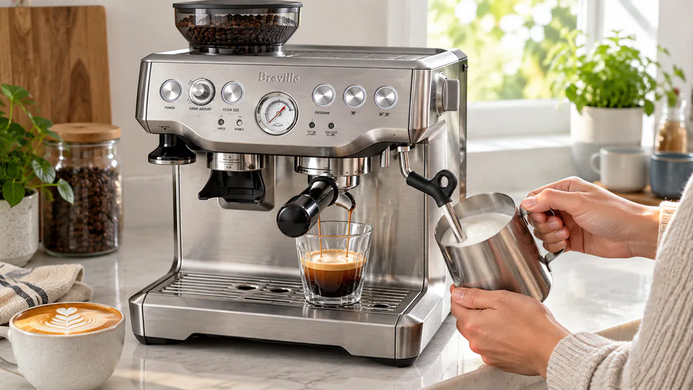 Hand steaming milk with the Breville Barista Express BES870XL's manual steam wand, a pitcher of milk tilted under the tip.