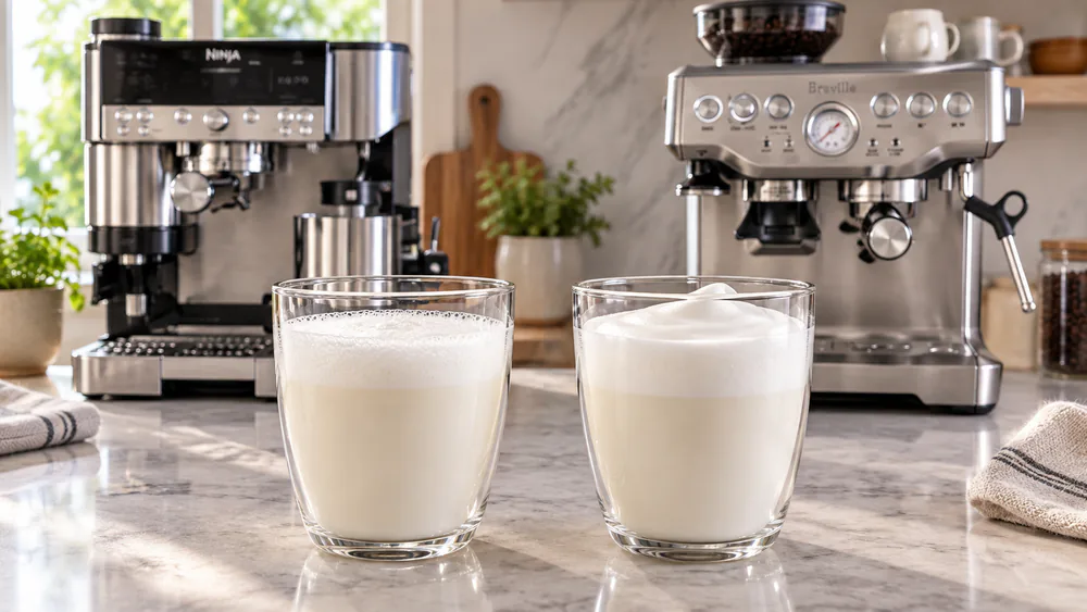 Two glasses of steamed milk side by side: one with thick microfoam from a manual steam wand and one with lighter foam from an automatic frother.