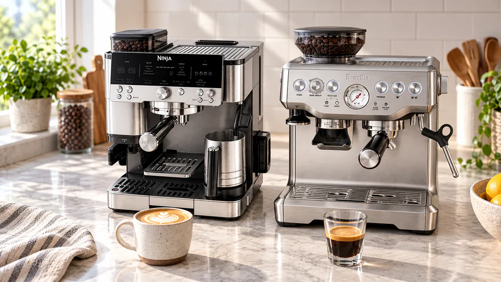 The Ninja Luxe Café (ES601) and Breville Barista Express (BES870XL) side by side on a kitchen counter.