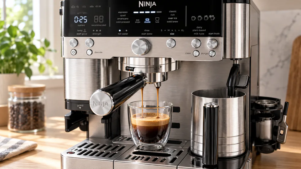 The Ninja Luxe Café ES601 pulling a double shot into a glass, the Barista Assist display showing the guided dose and brew settings.