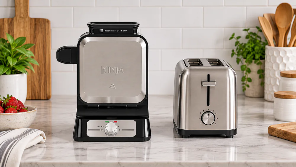The Ninja NeverStick PRO BW1001 standing upright on a kitchen counter next to a toaster, showing its compact footprint