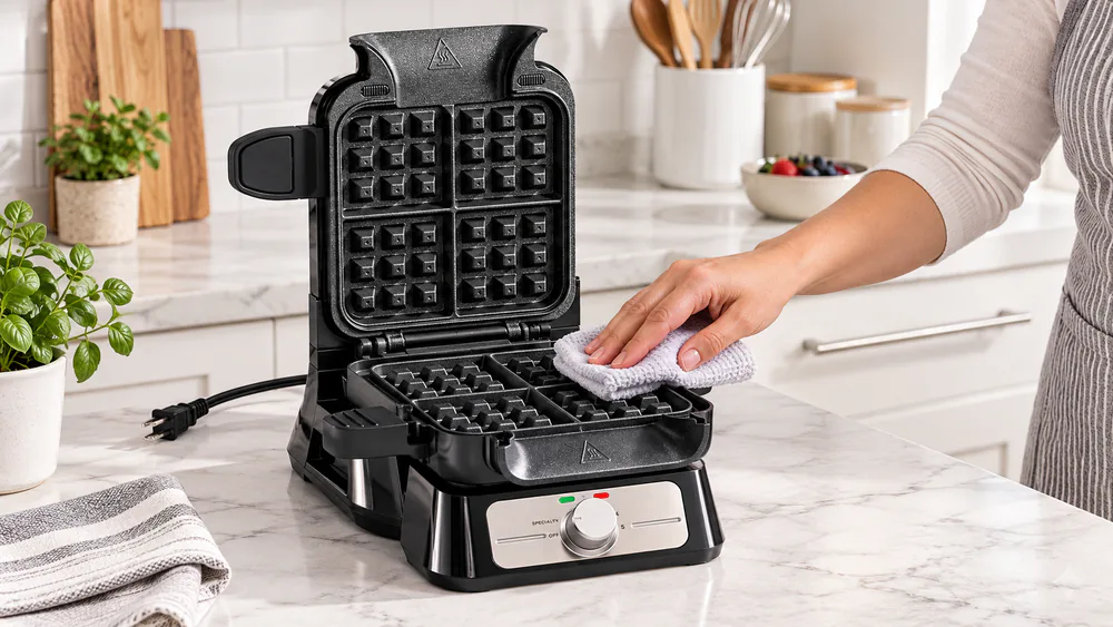 A hand wiping the cooled nonstick plates of the Ninja NeverStick PRO BW1001 with a damp cloth, no batter residue left