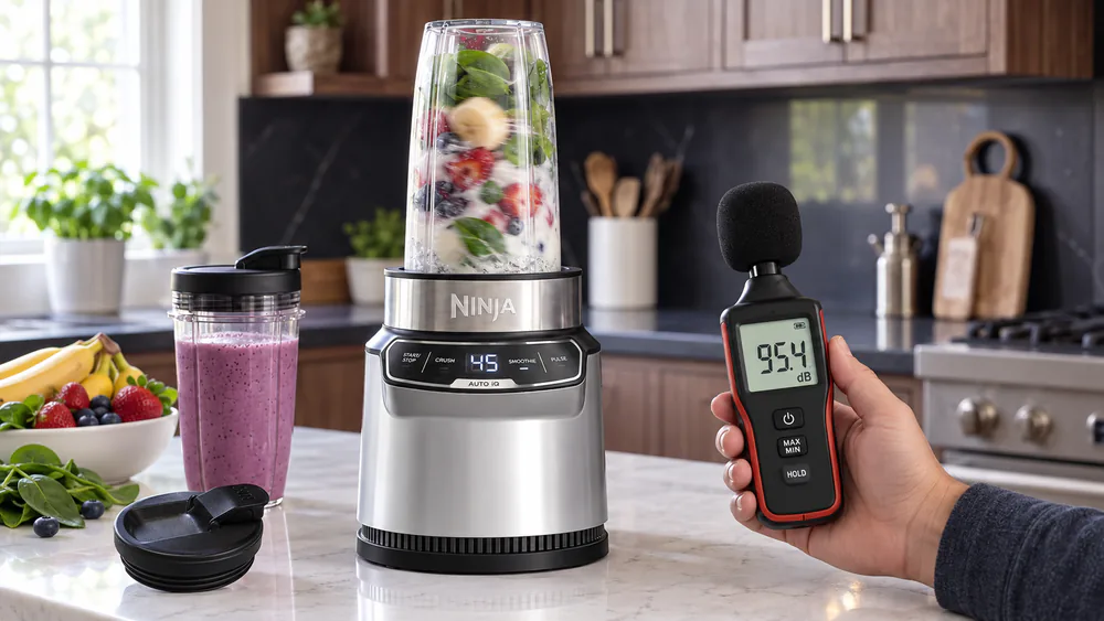 A decibel meter held beside the Ninja Nutri-Blender Pro during a full-speed cycle, reading 95.4 dB.