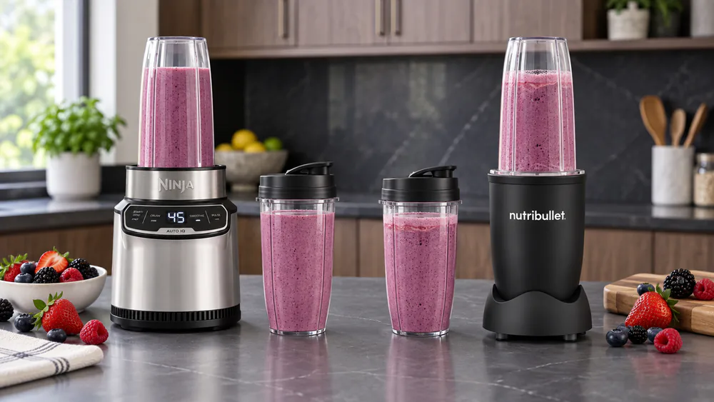 Two single-serve cups of berry smoothie side by side after the frozen fruit test, the Ninja batch poured smooth and the NutriBullet batch with a stir ring near the top.