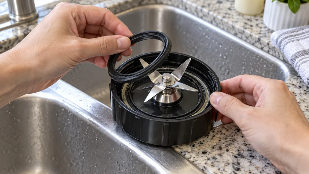 A hand lifting a rubber gasket out of a blender blade assembly over the sink, showing the residue ring in the groove beneath.