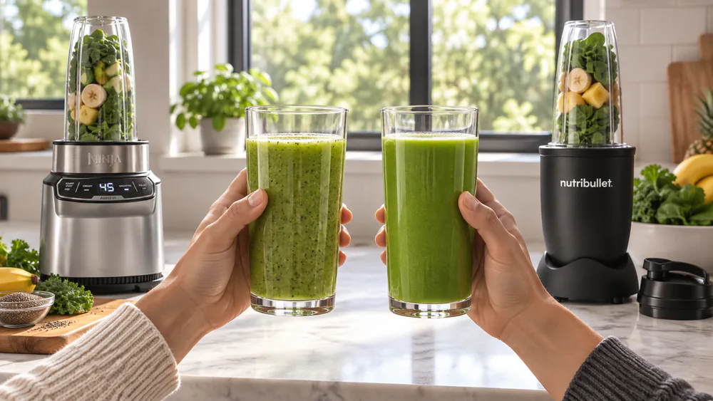 Two glasses of green smoothie held up to the light, the NutriBullet batch visibly smoother with no seed grit settled at the bottom.