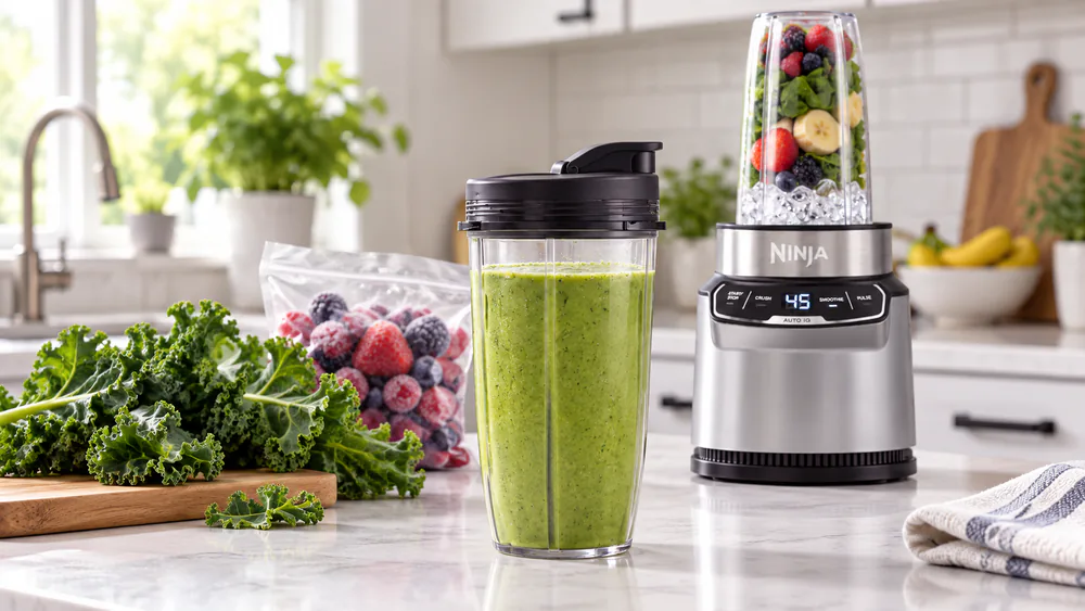 A green smoothie in a 24-oz Ninja to-go cup with spout lid, kale and a bag of frozen berries on the counter behind it.