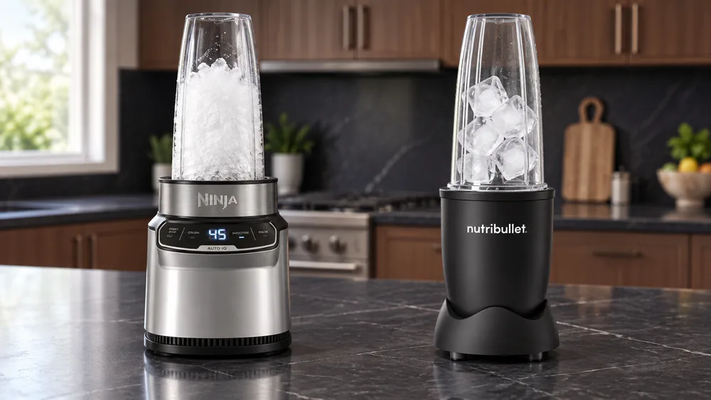 Two 24-oz blender cups side by side, the Ninja batch showing snow-fine crushed ice and the NutriBullet batch with large cubes still intact.
