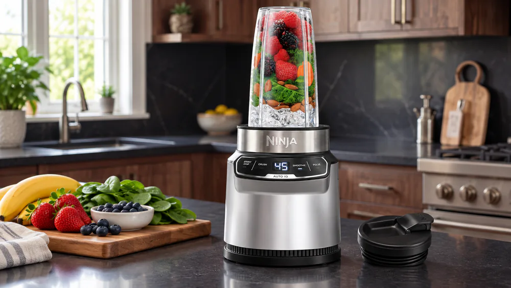 A Ninja Nutri-Blender Pro BN401 on a kitchen counter with a 24-oz cup locked into the base, the spout lid beside it, the Auto-iQ display lit.