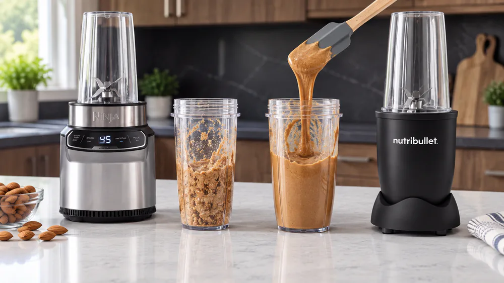 A NutriBullet cup of almond butter with a spatula lifting a thick ribbon, beside a drier Ninja cup with nut pieces still visible.