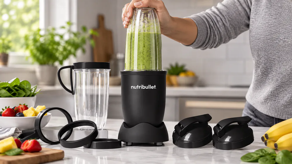 A hand pressing a NutriBullet Pro 900 cup into its base during a blend, the press-and-hold control in use.