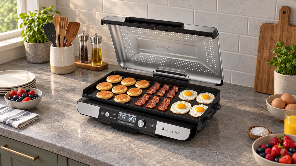 The Ninja Sizzle Pro XL griddle plate holding eight pancakes, six bacon strips, and four fried eggs at the same time