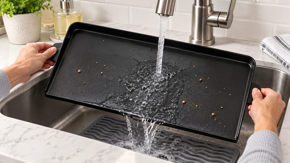 A Ninja Sizzle Pro XL griddle plate being rinsed under warm water at a kitchen sink after cooking pancakes