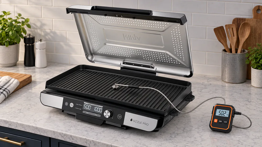 A Ninja Sizzle Pro XL grill plate after preheating, with a probe thermometer resting on the center of the plate