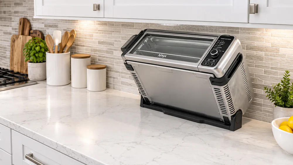 The Ninja SP101 flipped up against a kitchen backsplash, a thin strip of counter left free underneath.
