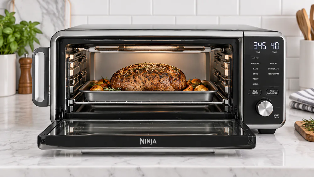An open Ninja SP201 with a 2-lb roast on the wire rack, the extra inch of headroom visible above the meat.
