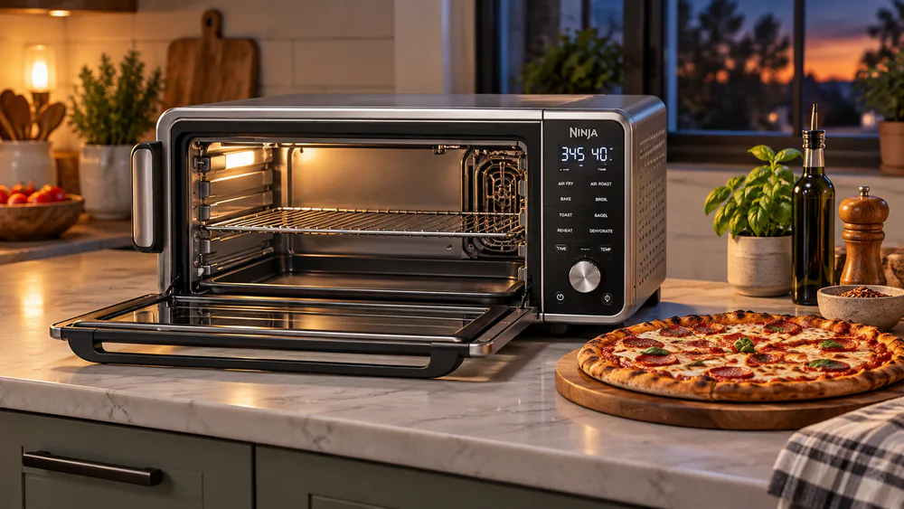 A whole pizza beside the open Ninja SP201 countertop oven, the cavity tall enough for a small roast.