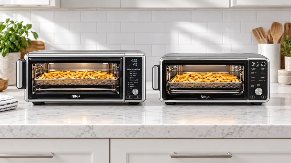 Two Ninja countertop ovens side by side with identical trays of fries inside.