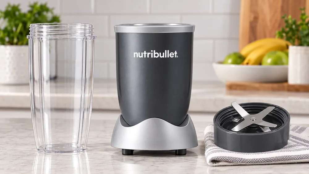 A NutriBullet 600 motor base in gray with the 24 oz tall cup and twist-off extractor blade beside it.