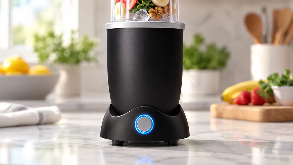 Close-up of the NutriBullet 1200 base showing its one-touch and pulse buttons