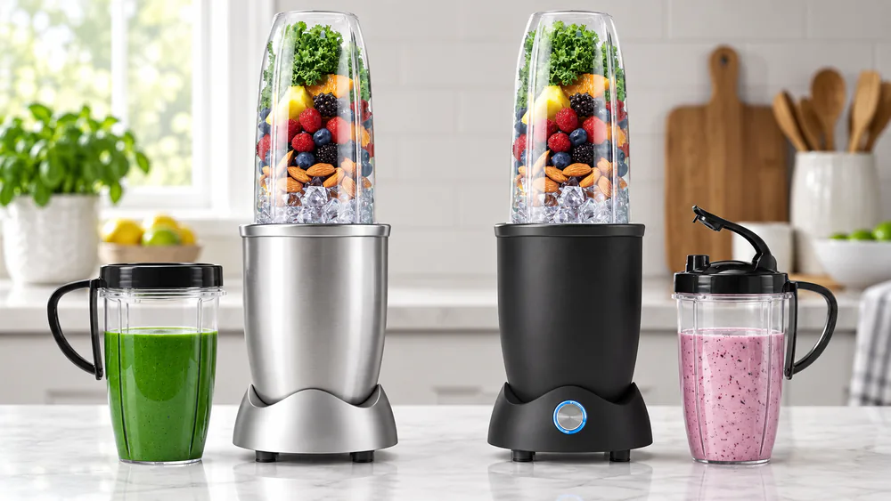 The NutriBullet 900 and NutriBullet 1200 side by side on a kitchen counter with cups attached