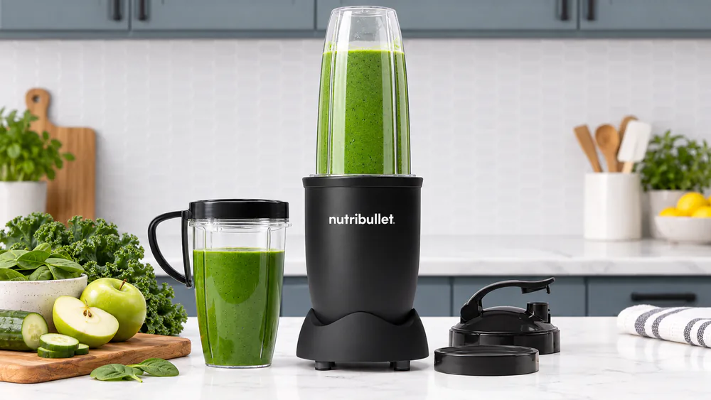 A NutriBullet 900 base with its 32 oz cup and to-go lid on a kitchen counter