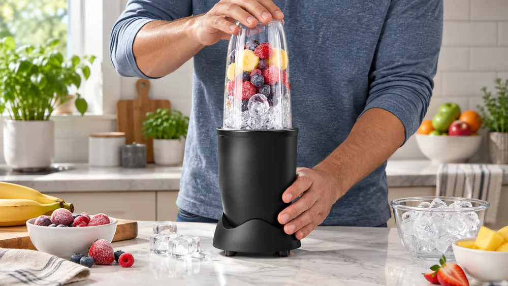 The NutriBullet Pro 900 base with a 32 oz cup of crushed ice locked on, ice chunks visible through the BPA-free plastic.