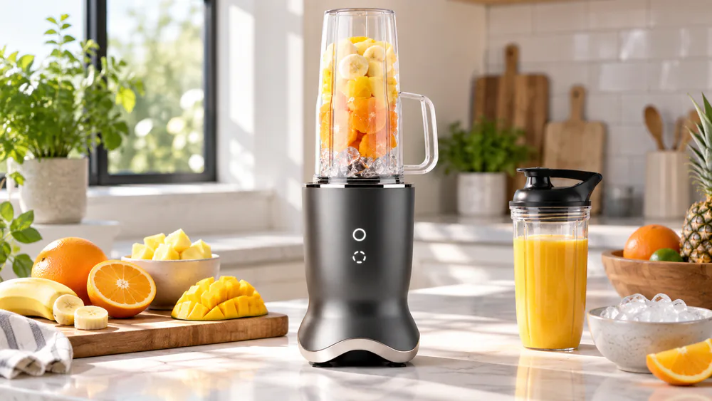 The NutriBullet Ultra base with its handled 24 oz cup attached, the touch-sensitive glow ring lit, on a kitchen counter.