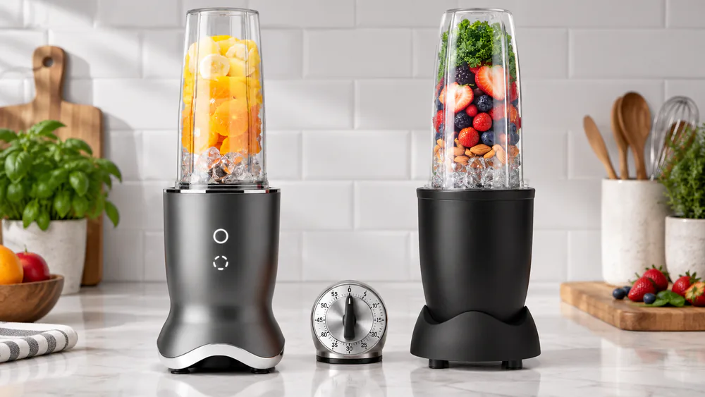The NutriBullet Ultra and Pro 900 sitting side by side on a test kitchen counter, each with a filled smoothie cup locked onto its base and a timer visible in the frame.