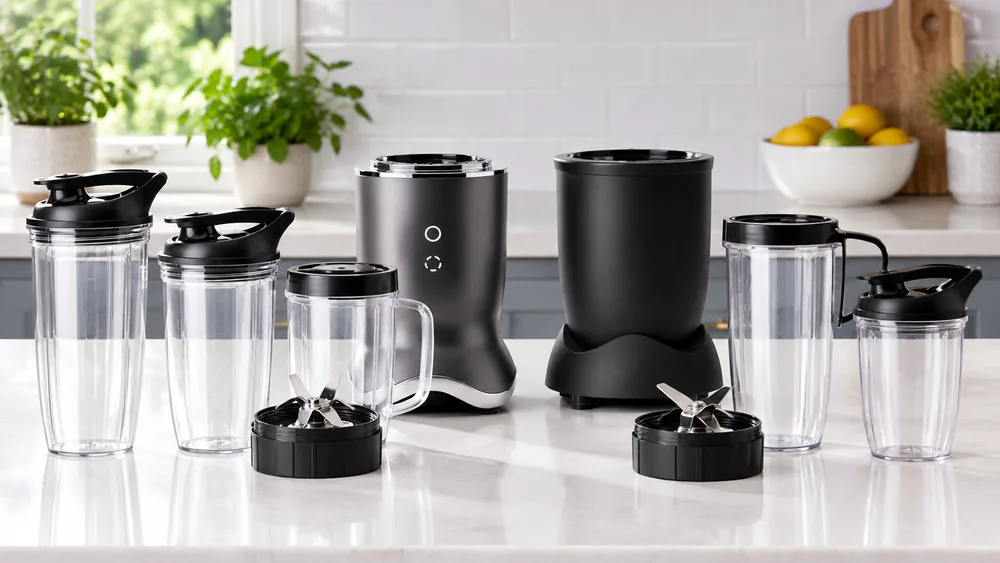 The three Tritan Renew cups of the NutriBullet Ultra next to the two cups of the Pro 900, with both blade assemblies lined up in front.