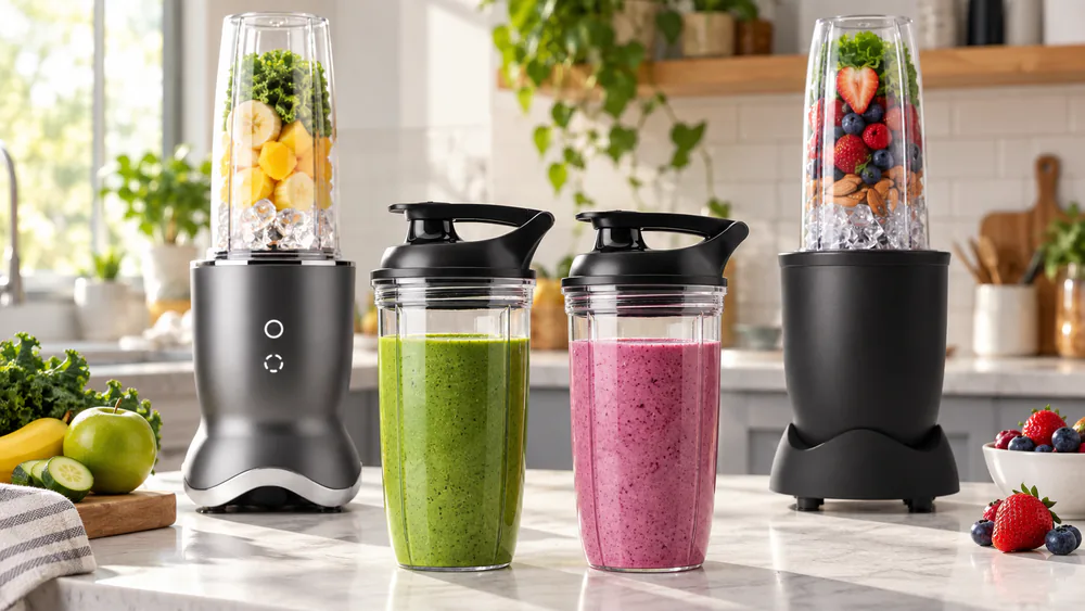 Two finished smoothies in to-go cups, one blended by the NutriBullet Ultra and one by the Pro 900, side by side on a counter.