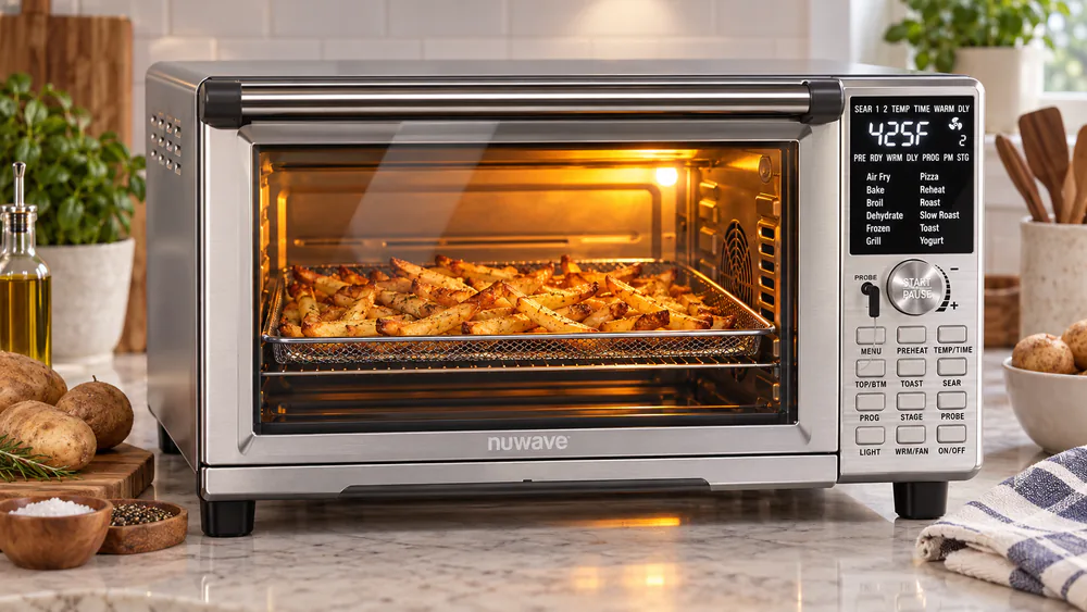 A NuWave Bravo XL countertop oven mid-cook with a tray of hand-cut fries browning behind the tempered glass door, control panel lit.