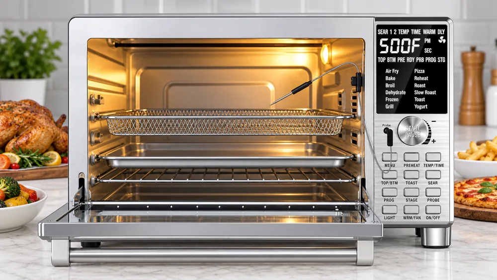 The open interior of a NuWave Bravo XL showing four rack positions, the air fry basket, and the integrated temperature probe clipped inside the cavity.