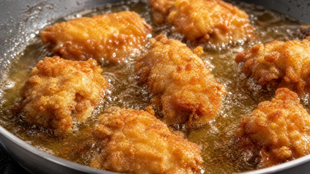 Cornstarch-coated chicken pieces frying to golden brown in a shallow pan of oil, craggy crispy edges visible.