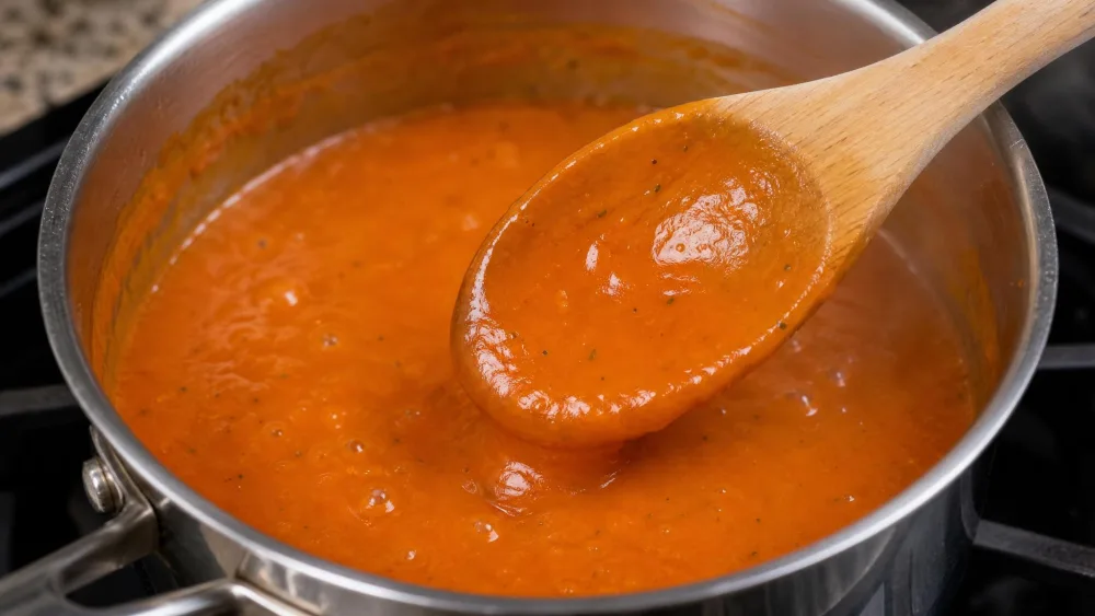 Glossy orange sauce simmering in a saucepan, thickened enough to coat the back of a wooden spoon.