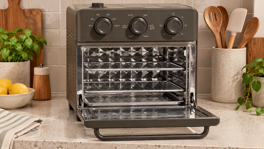 The Our Place Wonder Oven on a kitchen counter with its door open, showing the stainless interior and two wire rack levels.