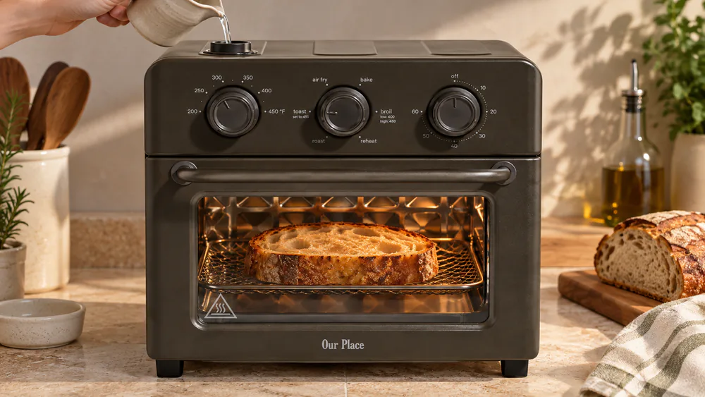 A slice of day-old bread reheating in the Our Place Wonder Oven with steam infusion, the crust softening and the surface glistening with moisture.