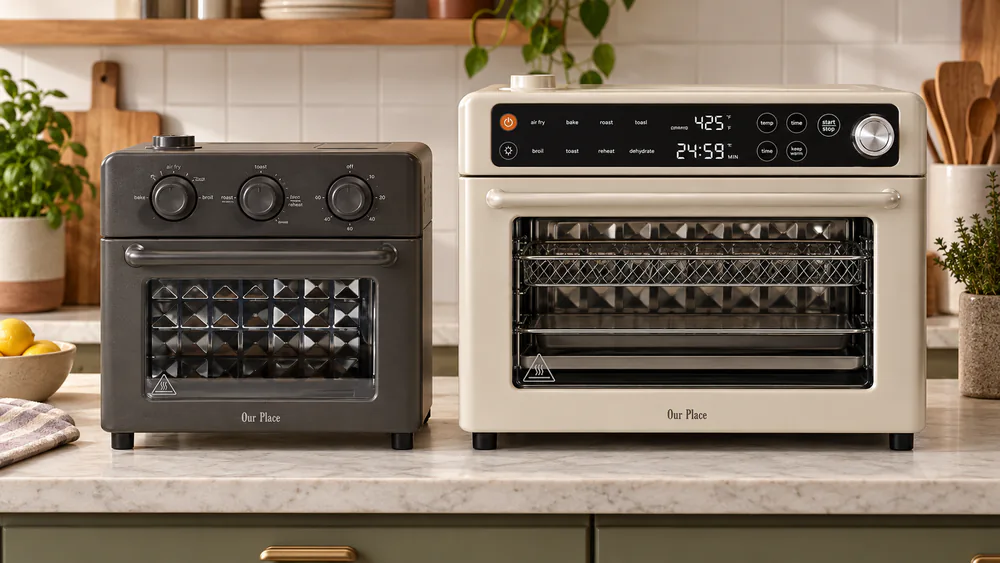 The compact Our Place Wonder Oven beside the larger Wonder Oven Pro on a counter, showing the size difference and the Pro's digital touchscreen.
