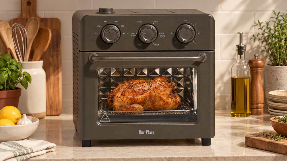 A whole roast chicken resting on the wire rack inside the Our Place Wonder Oven, browned skin, with a little clearance around it.