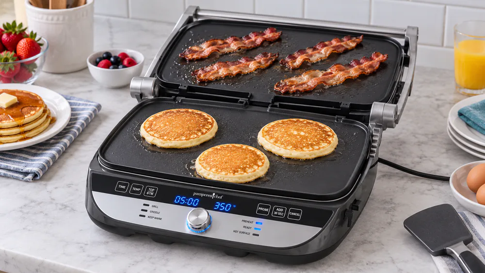 Pancakes on one smooth plate and bacon on the other with the Pampered Chef grill in the Flat position