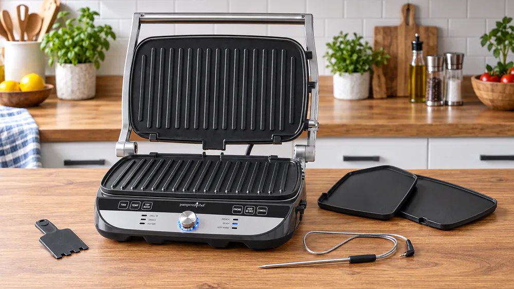 The Pampered Chef Deluxe Electric Grill & Griddle set up on a kitchen counter with ridged plates installed and the probe and cleaning tool beside it