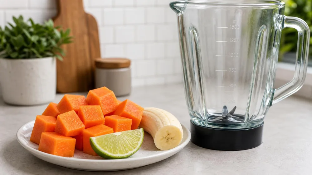 Cubed ripe orange papaya, half a banana, and a wedge of fresh lime arranged beside a blender jar on a kitchen counter, ready to blend.