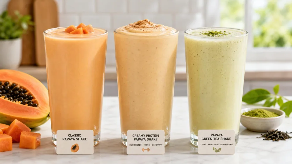 Three papaya shakes lined up in glasses, one pale orange classic, one thick creamy protein version, one lighter green-tea blend, on a bright kitchen counter.