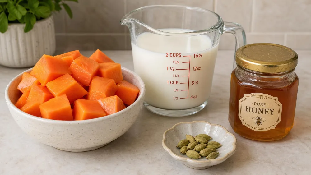 Ingredients for a papaya shake laid out on a counter: diced ripe orange papaya in a bowl, a glass measuring cup of cold milk, a jar of honey, and a small dish of cardamom pods.