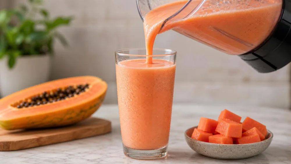 A creamy coral papaya shake being poured from a blender jar into a tall chilled glass, with a few papaya cubes on the counter beside it.