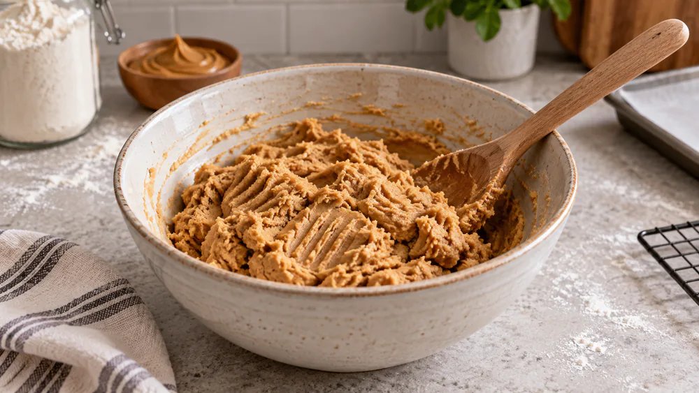 A single mixing bowl of thick eggless peanut butter cookie dough with a wooden spoon resting inside, on a floured countertop.