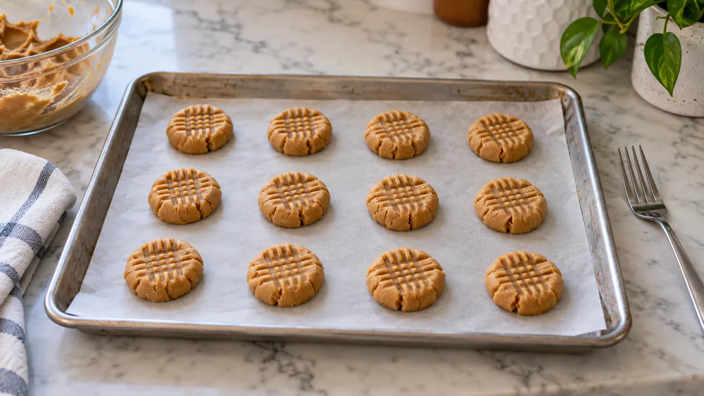 A tray of unbaked eggless peanut butter cookie dough balls pressed with a fork crisscross pattern, ready for the oven.