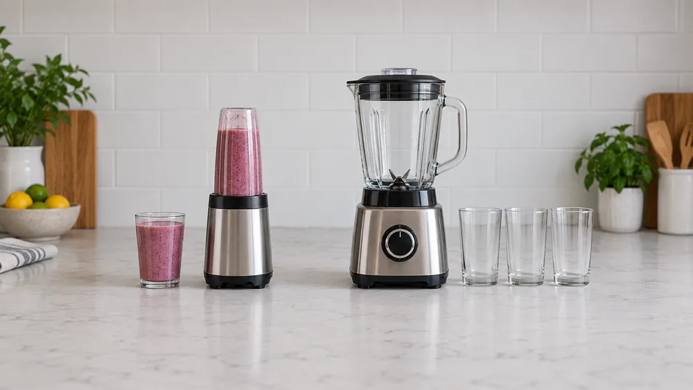 Compact single-serve blender and larger pitcher blender with one and three serving glasses