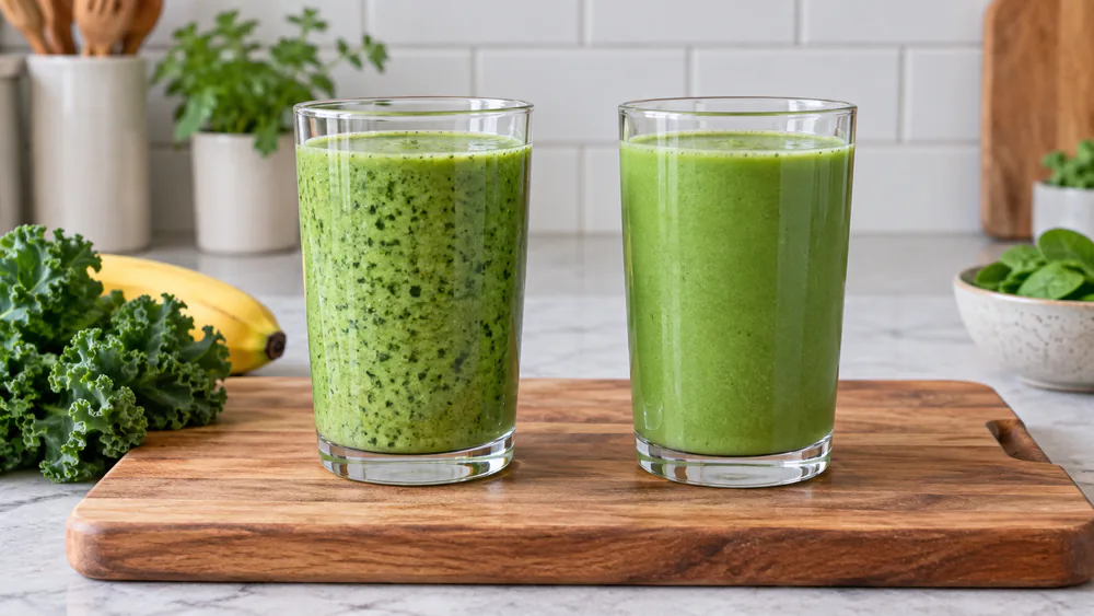 Two kale smoothies showing fine visible flecks on the left and a smoother texture on the right